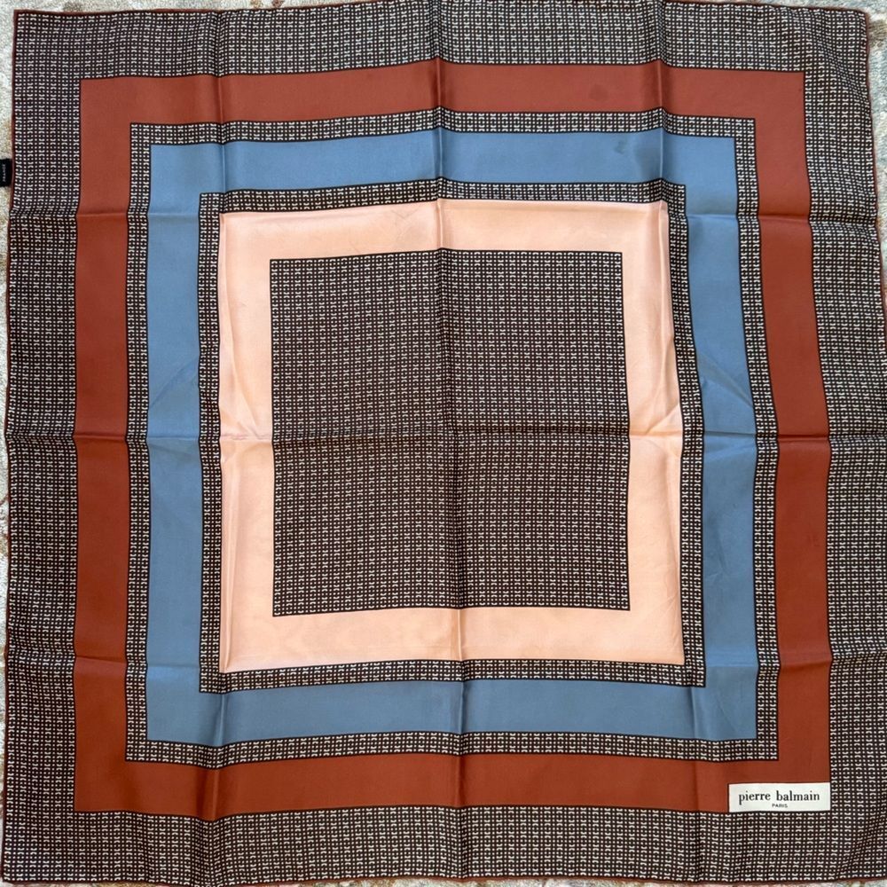 Vintage Pierre Balmain 100% Silk Scarf Brown, Blue, Cream Accents